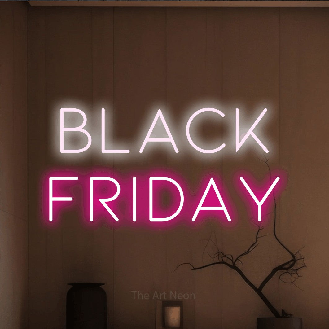 LED neon sign reading “black friday”, arranged in 2 lines.