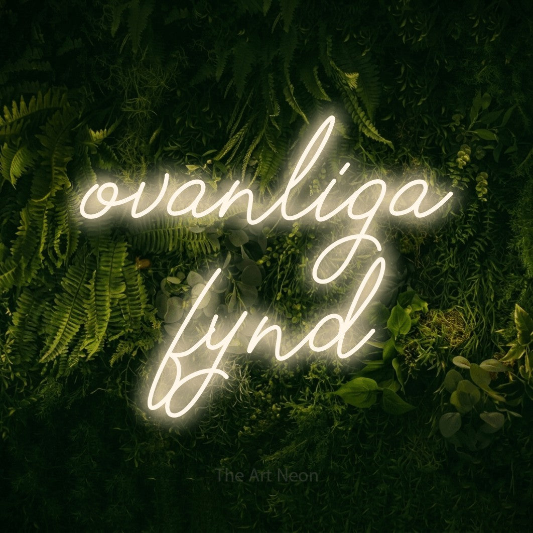 LED neon sign reading “ovanliga fynd”, arranged in 2 lines.