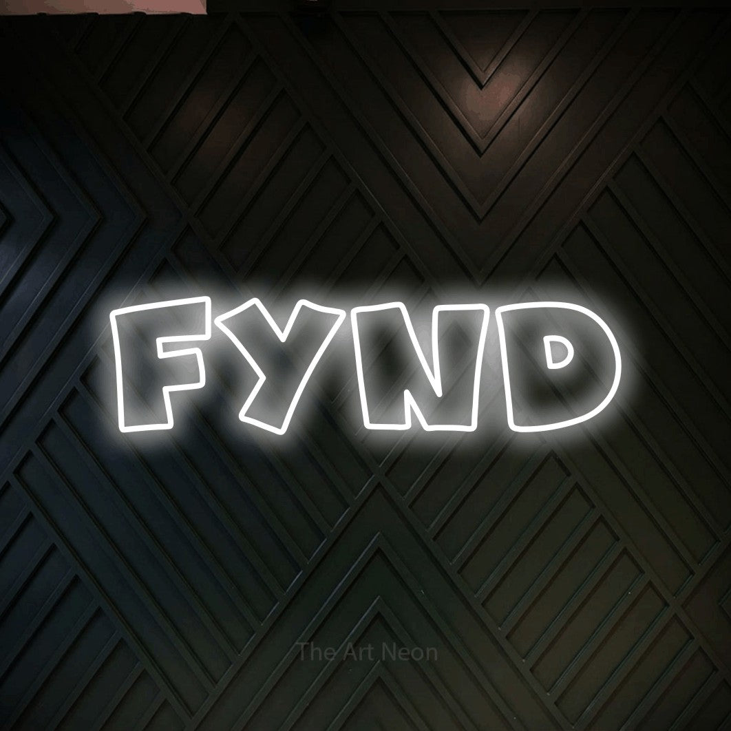 LED neon sign reading “Fynd”, arranged in a single line.