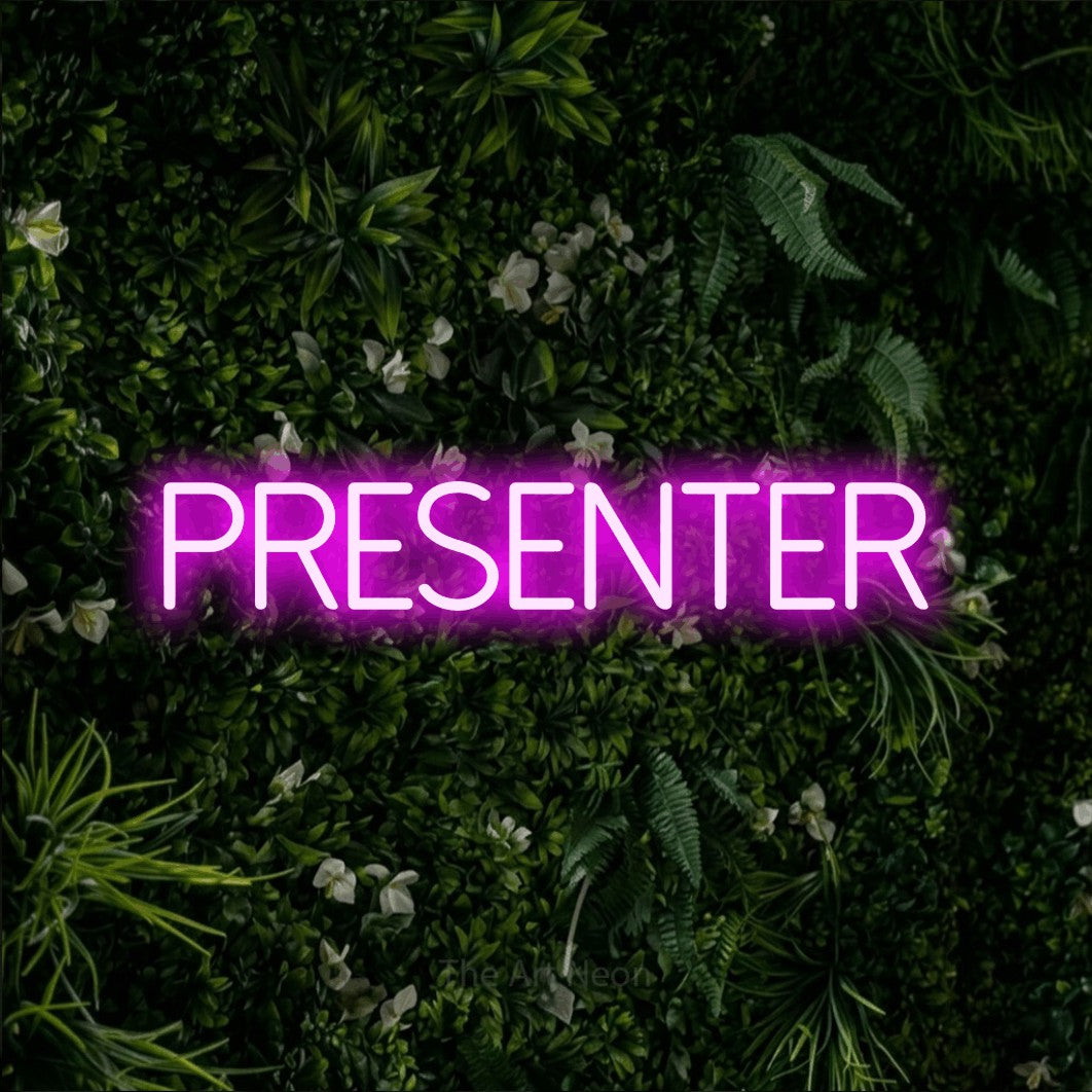 LED neon sign reading “Presenter”, arranged in a single line.