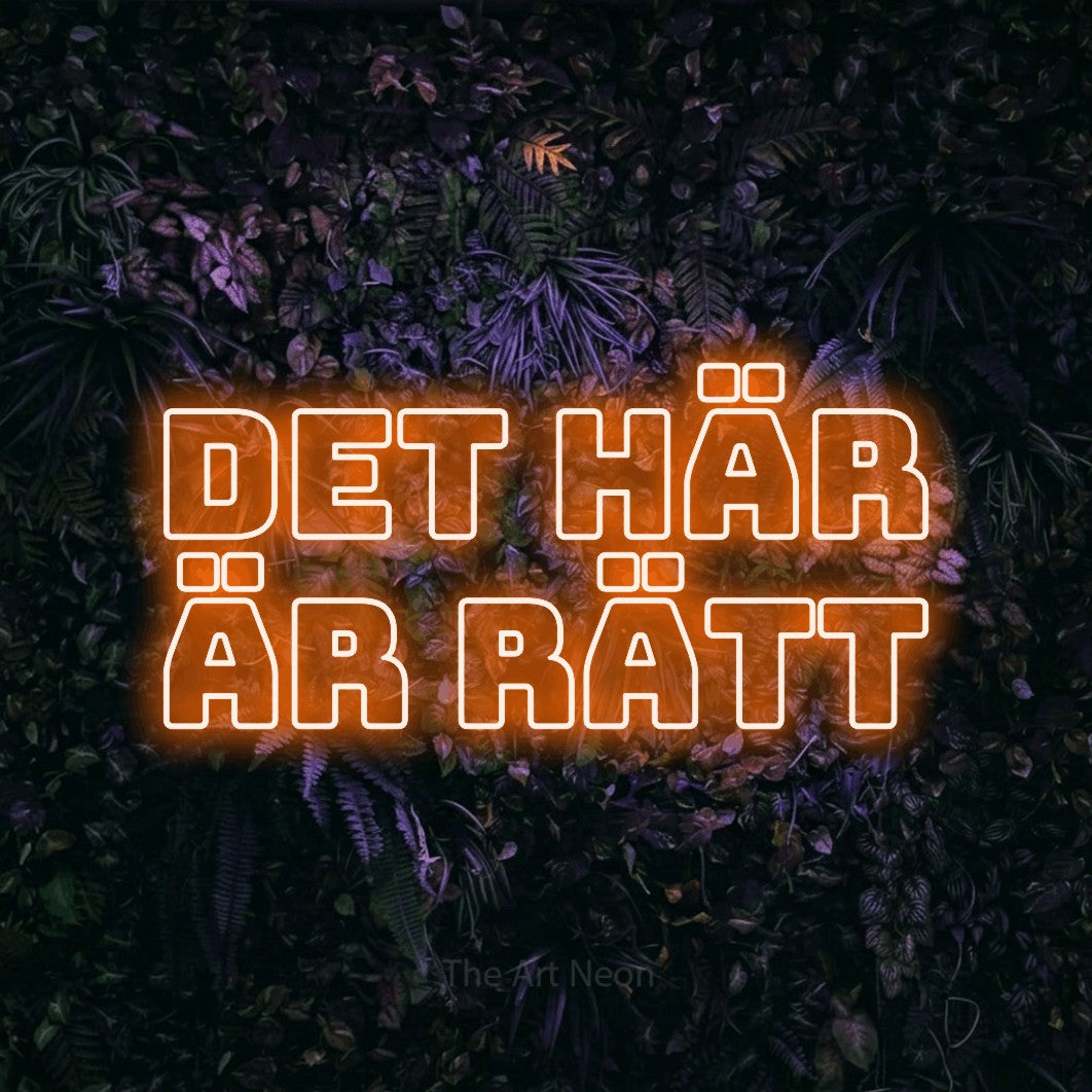 LED neon sign reading “Det Här Är Rätt”, arranged in 2 lines.