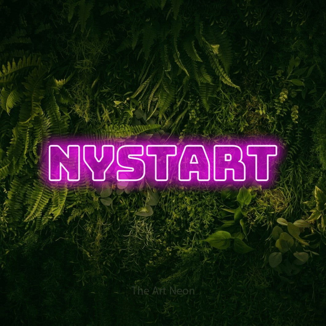 LED neon sign reading “nystart”, arranged in a single line.
