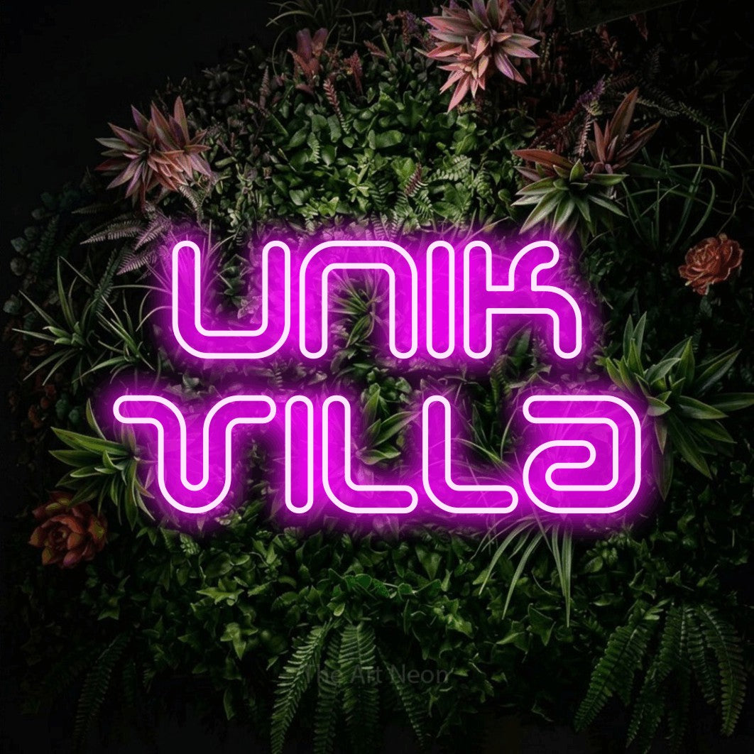 LED neon sign reading “Unik Villa”, arranged in 2 lines.
