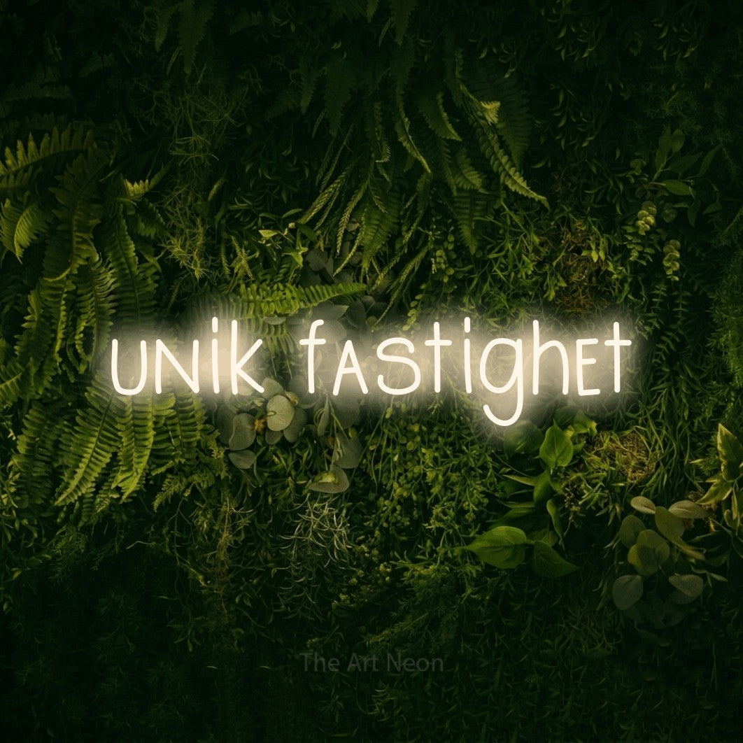 LED neon sign reading “unik fastighet”, arranged in a single line.