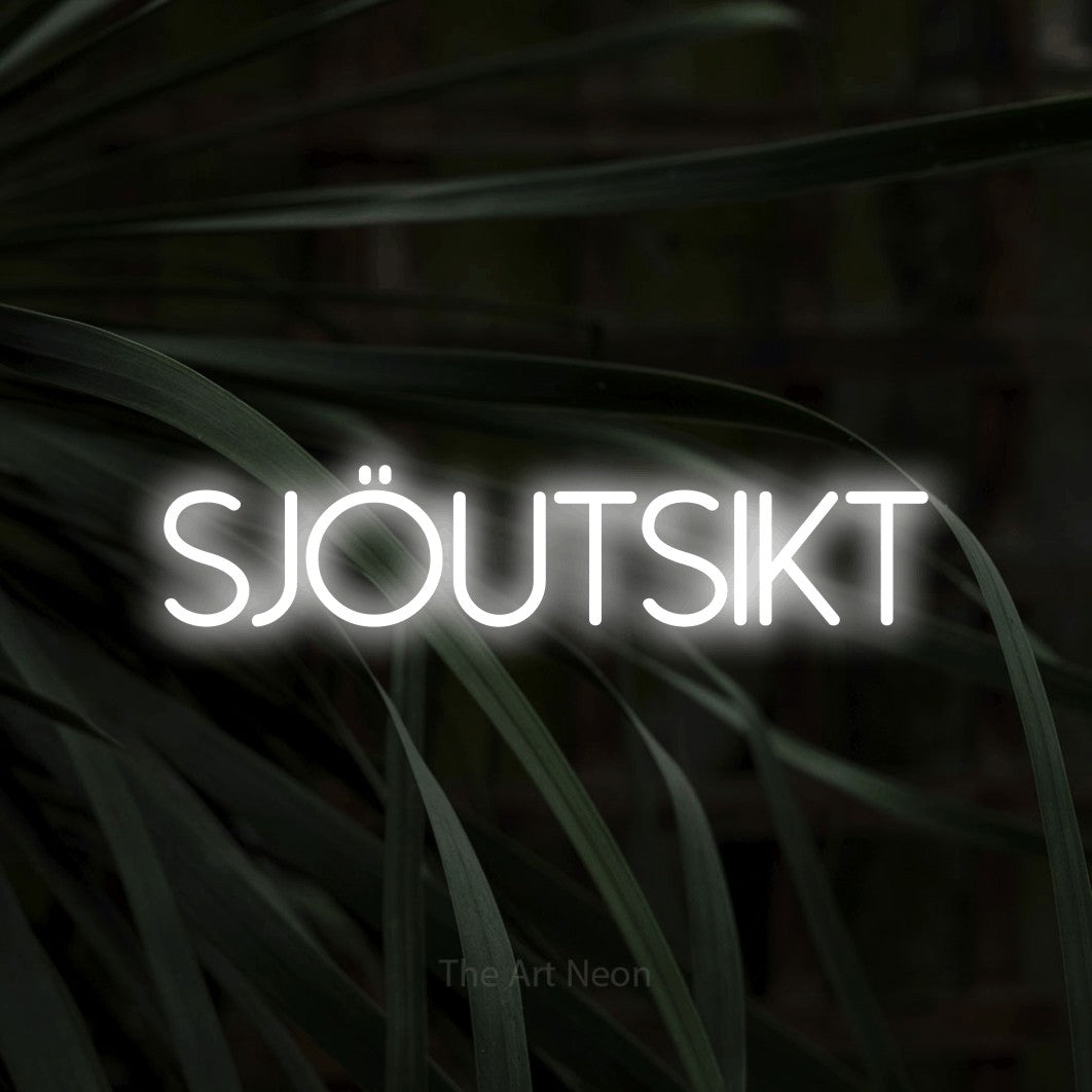 LED neon sign reading “sjöutsikt”, arranged in a single line.