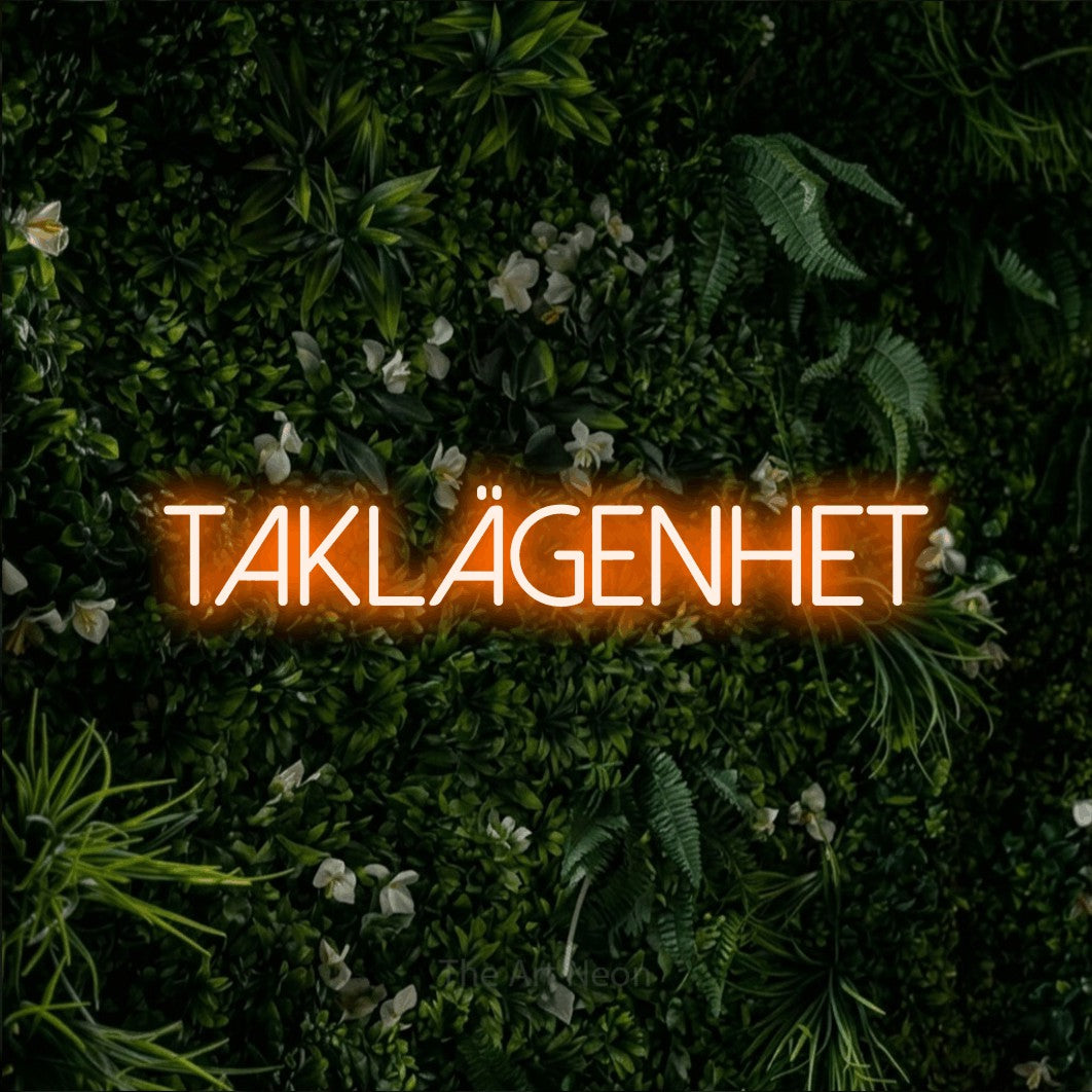 LED neon sign reading “TAKLÄGENHET”, arranged in a single line.