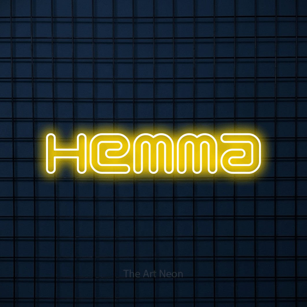LED neon sign reading “Hemma”, arranged in a single line.