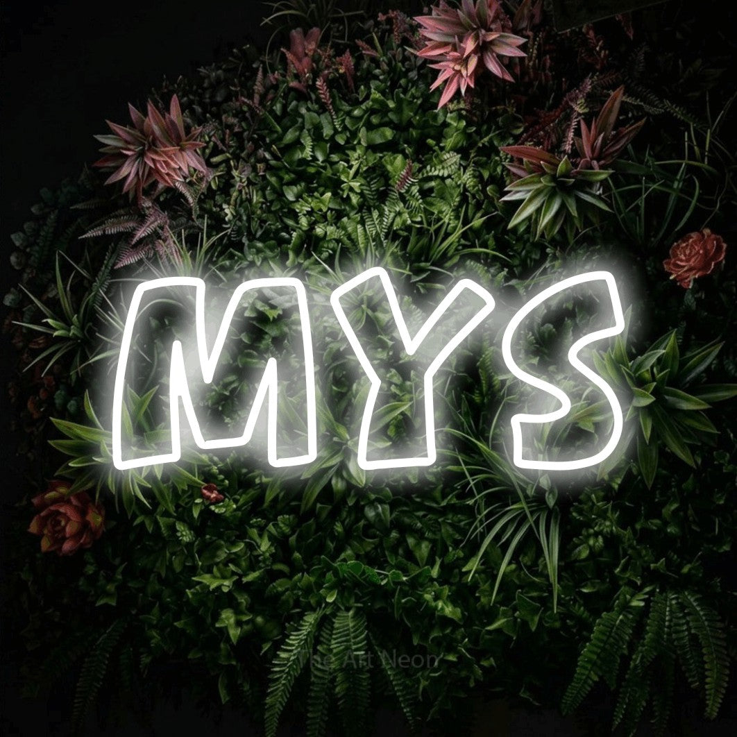 LED neon sign reading “mys”, arranged in a single line.