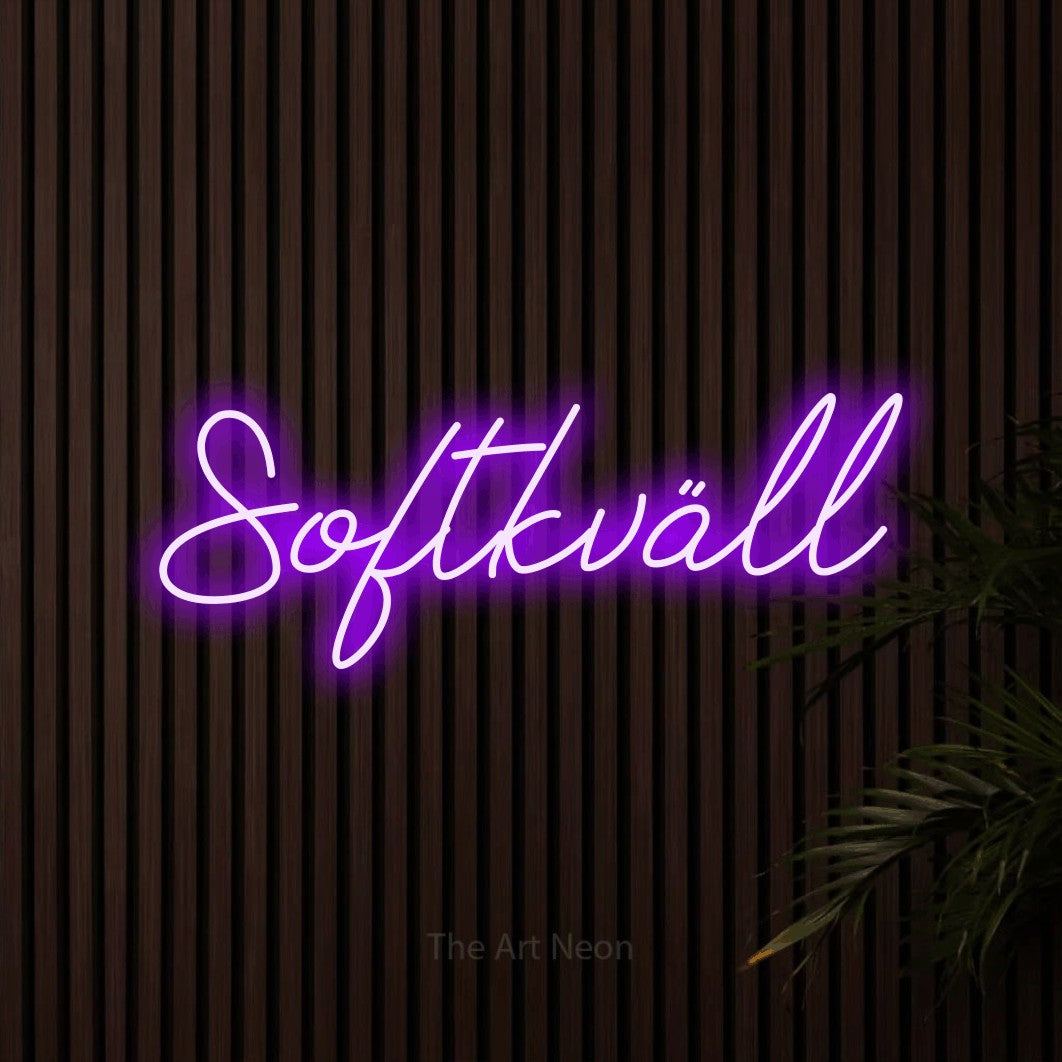 LED neon sign reading “Softkväll”, arranged in a single line.
