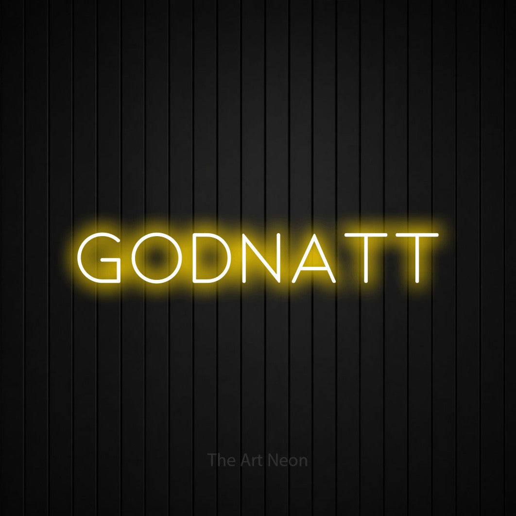 LED neon sign reading “GODNATT”, arranged in a single line.