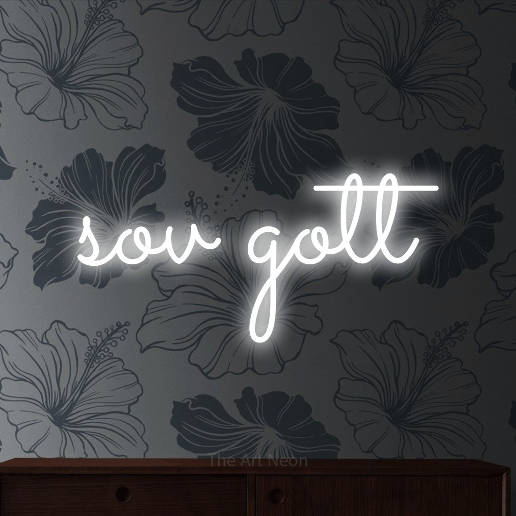 LED neon sign reading “sov gott”, arranged in a single line.