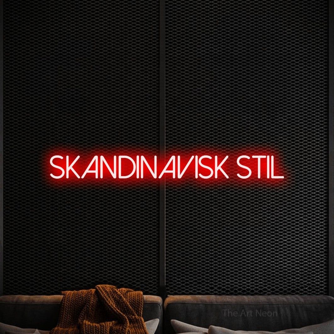 LED neon sign reading “skandinavisk stil”, arranged in a single line.