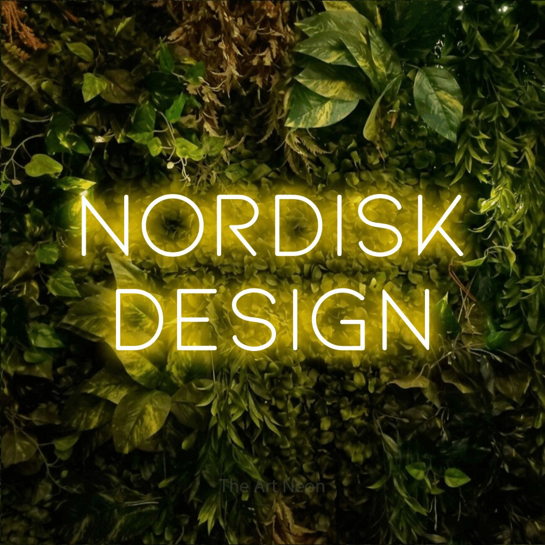 LED neon sign reading “Nordisk Design”, arranged in 2 lines.