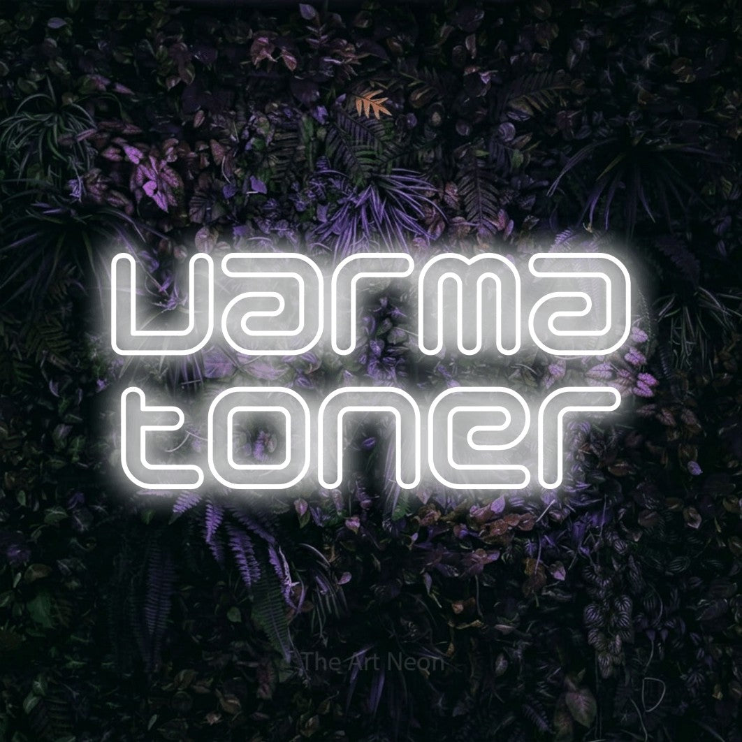 LED neon sign reading “varma toner”, arranged in 2 lines.