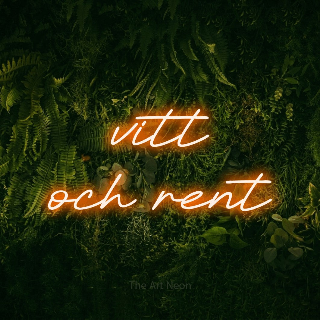LED neon sign reading “vitt och rent”, arranged in 2 lines.