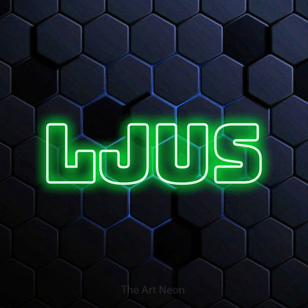 LED neon sign reading “Ljus”, arranged in a single line.