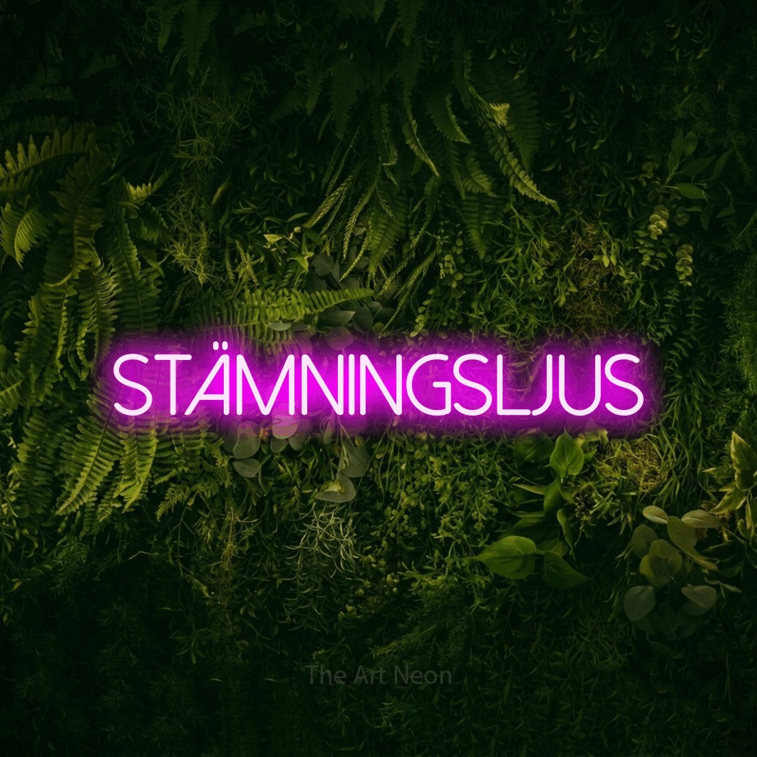 LED neon sign reading “stämningsljus”, arranged in a single line.