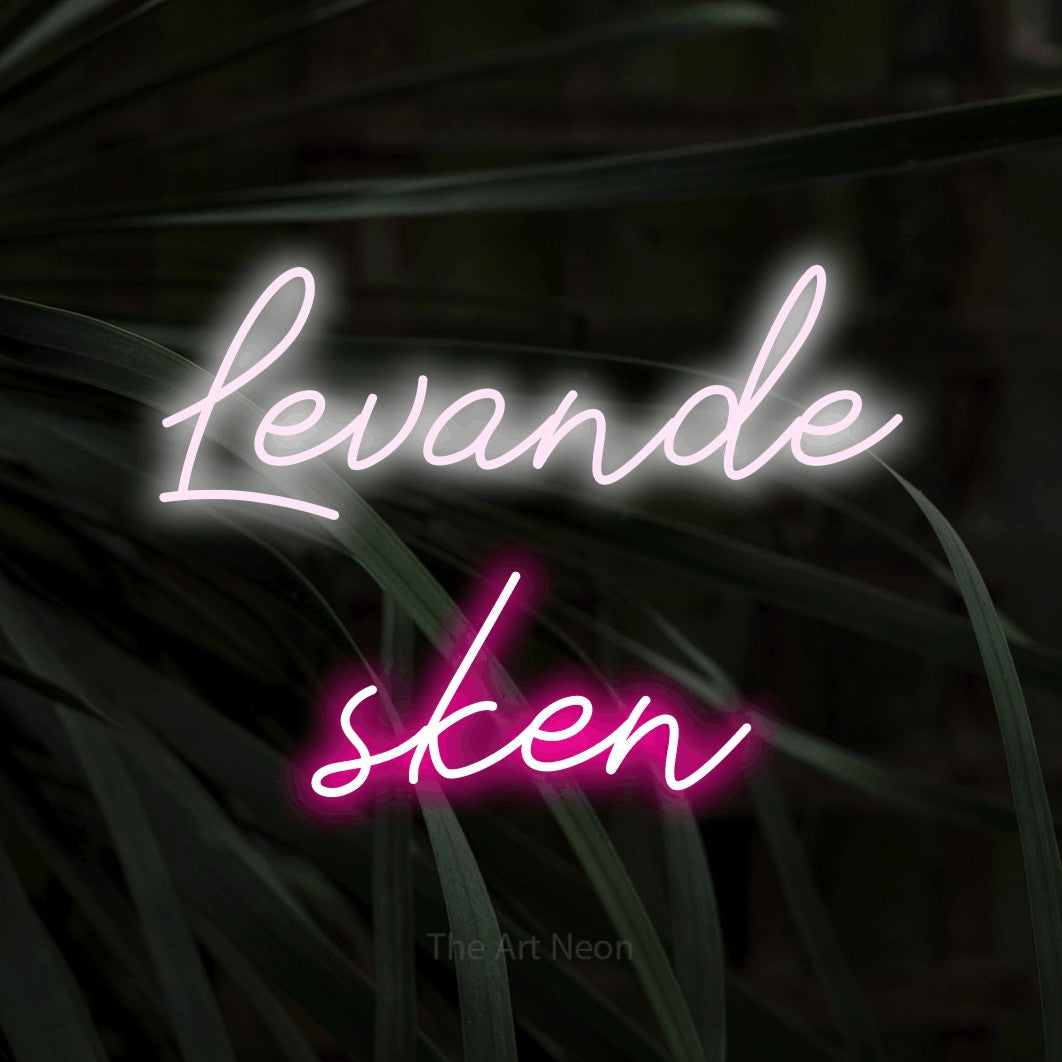 LED neon sign reading “Levande sken”, arranged in 2 lines.