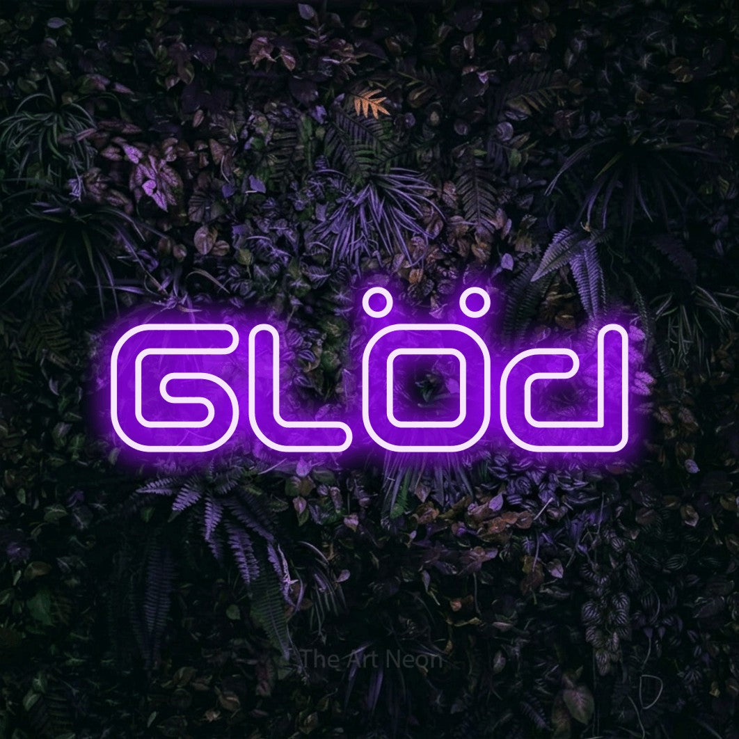 LED neon sign reading “Glöd”, arranged in a single line.