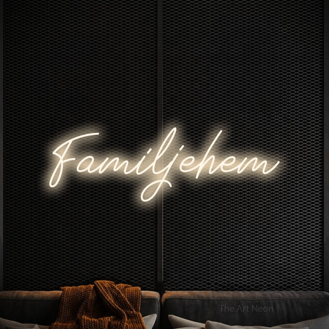 LED neon sign reading “Familjehem”, arranged in a single line.