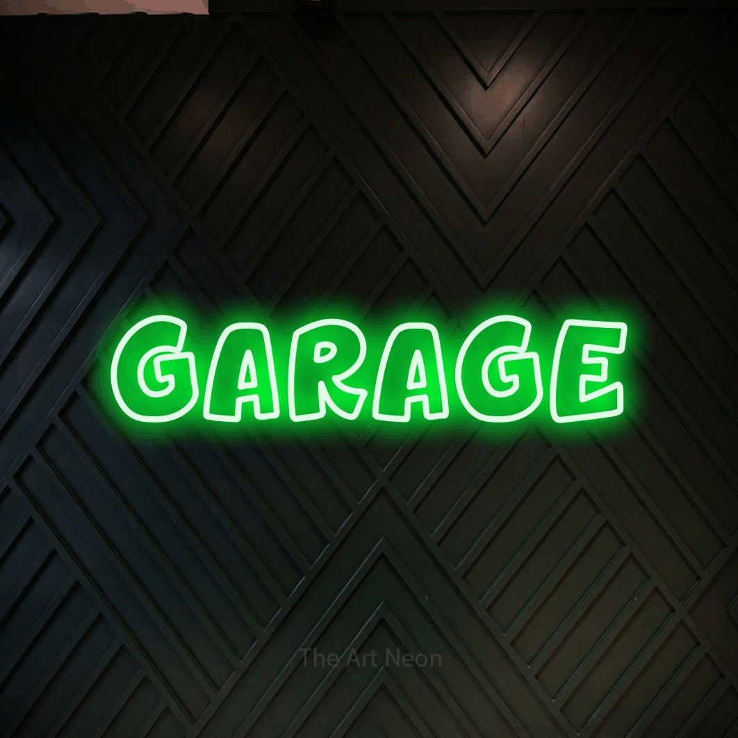 LED neon sign reading “GARAGE”, arranged in a single line.