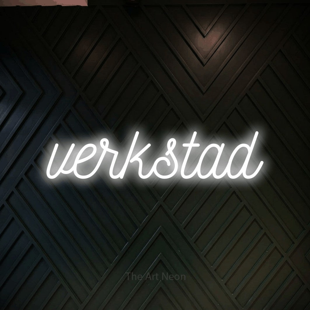 LED neon sign reading “verkstad”, arranged in a single line.