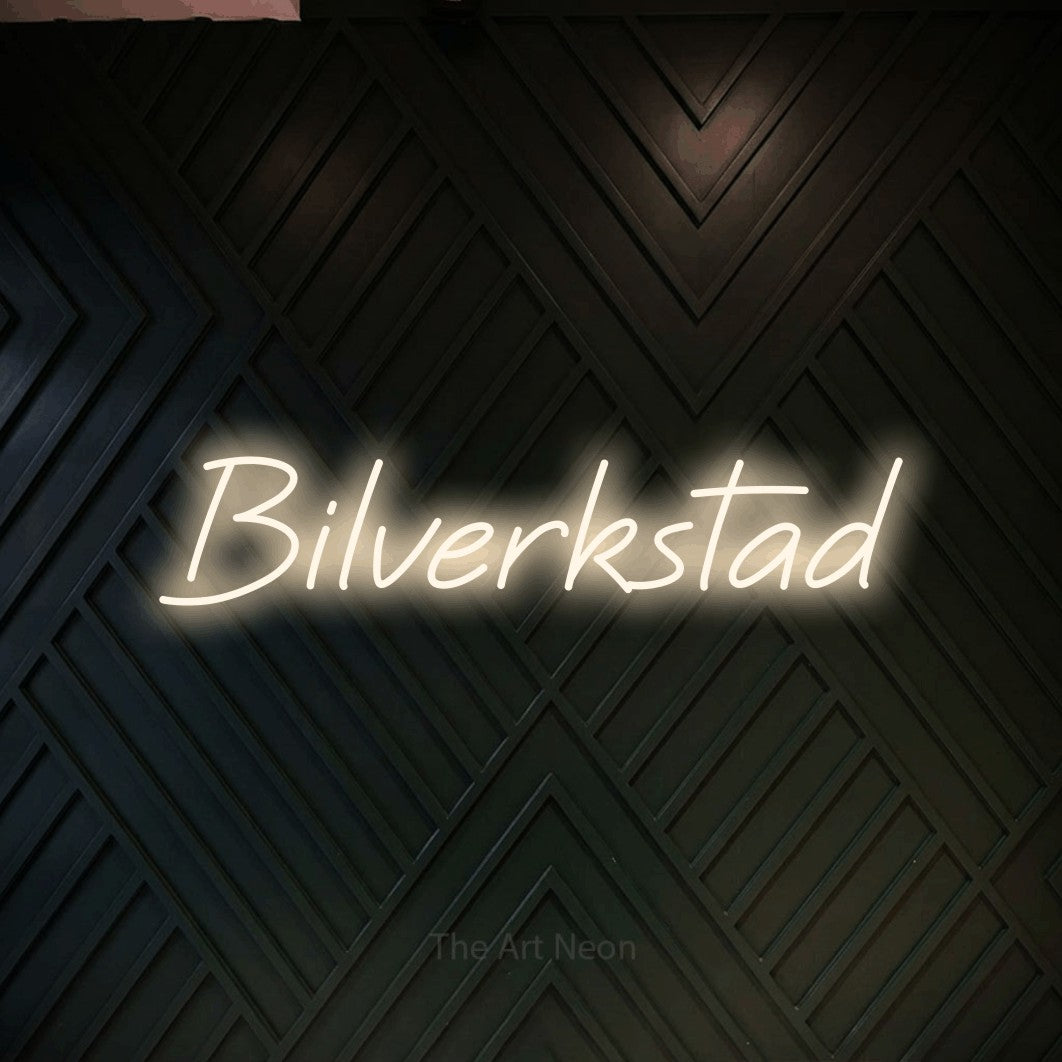 LED neon sign reading “Bilverkstad”, arranged in a single line.