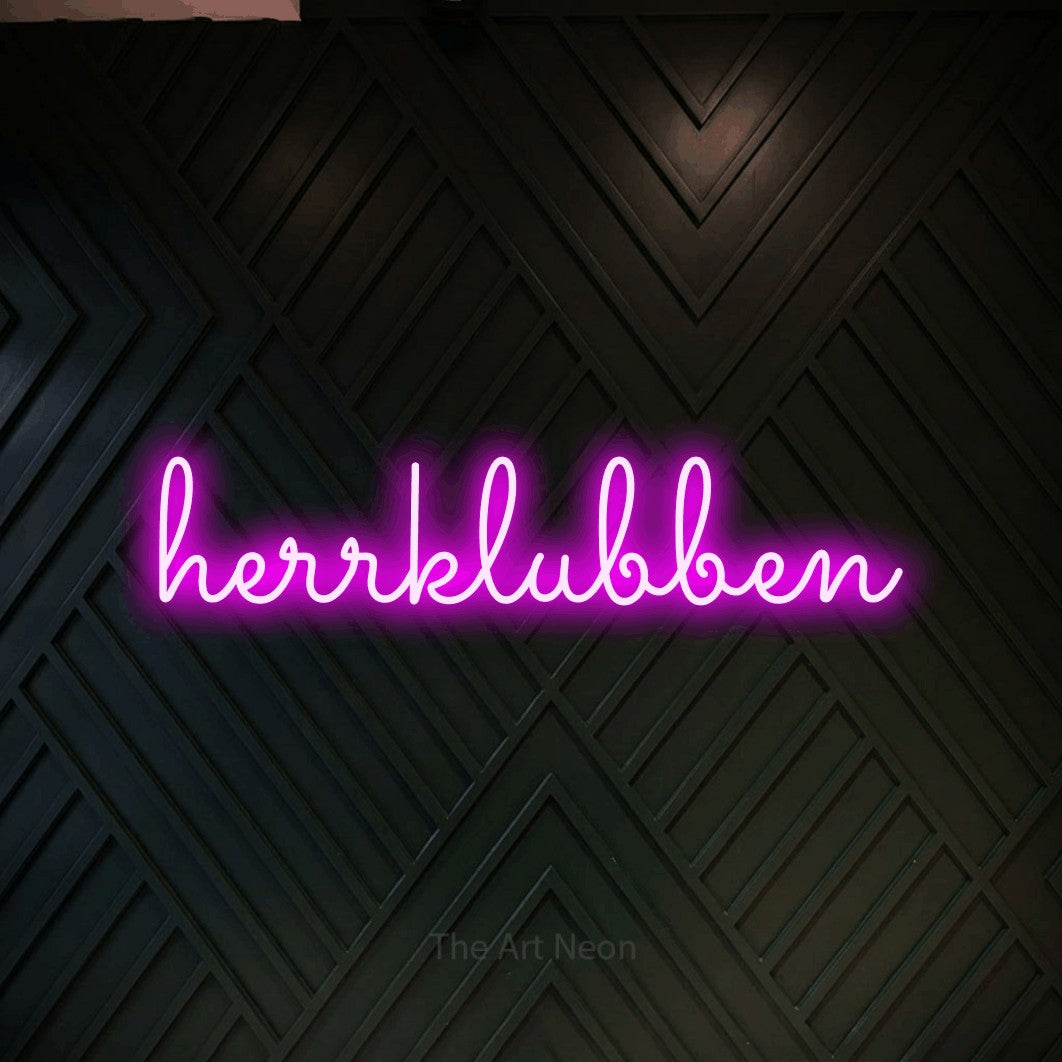 LED neon sign reading “herrklubben”, arranged in a single line.