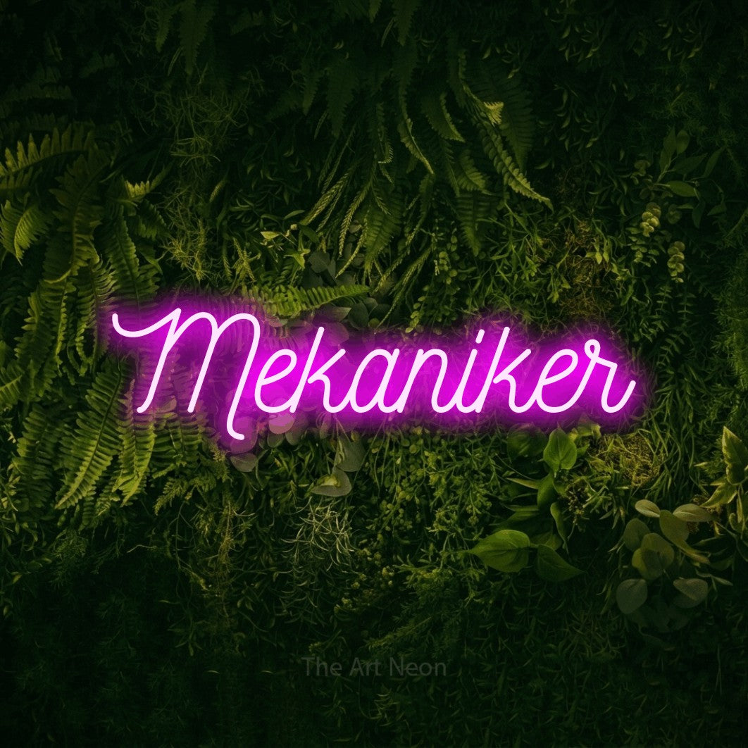 LED neon sign reading “Mekaniker”, arranged in a single line.