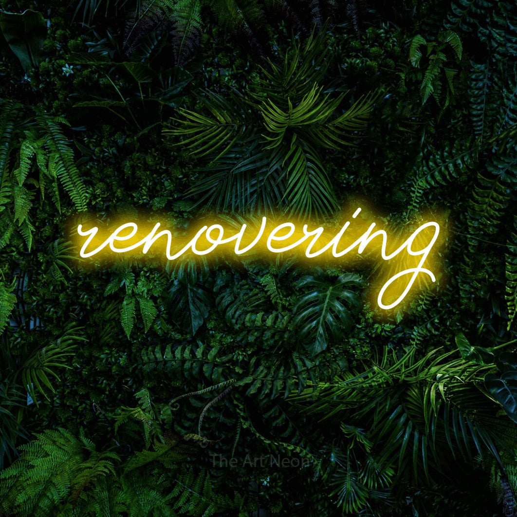 LED neon sign reading “renovering”, arranged in a single line.
