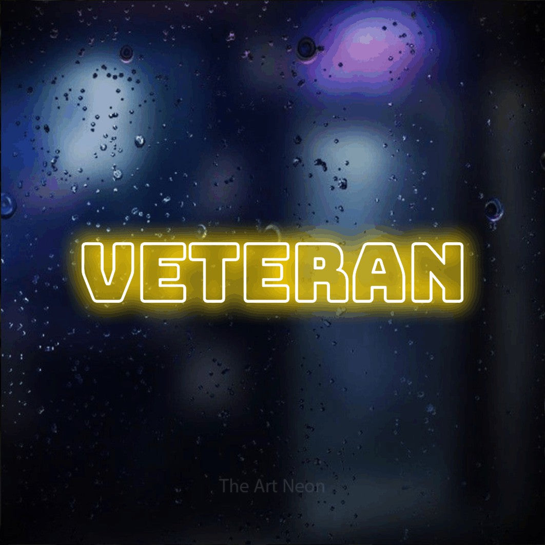 LED neon sign reading “VETERAN”, arranged in a single line.