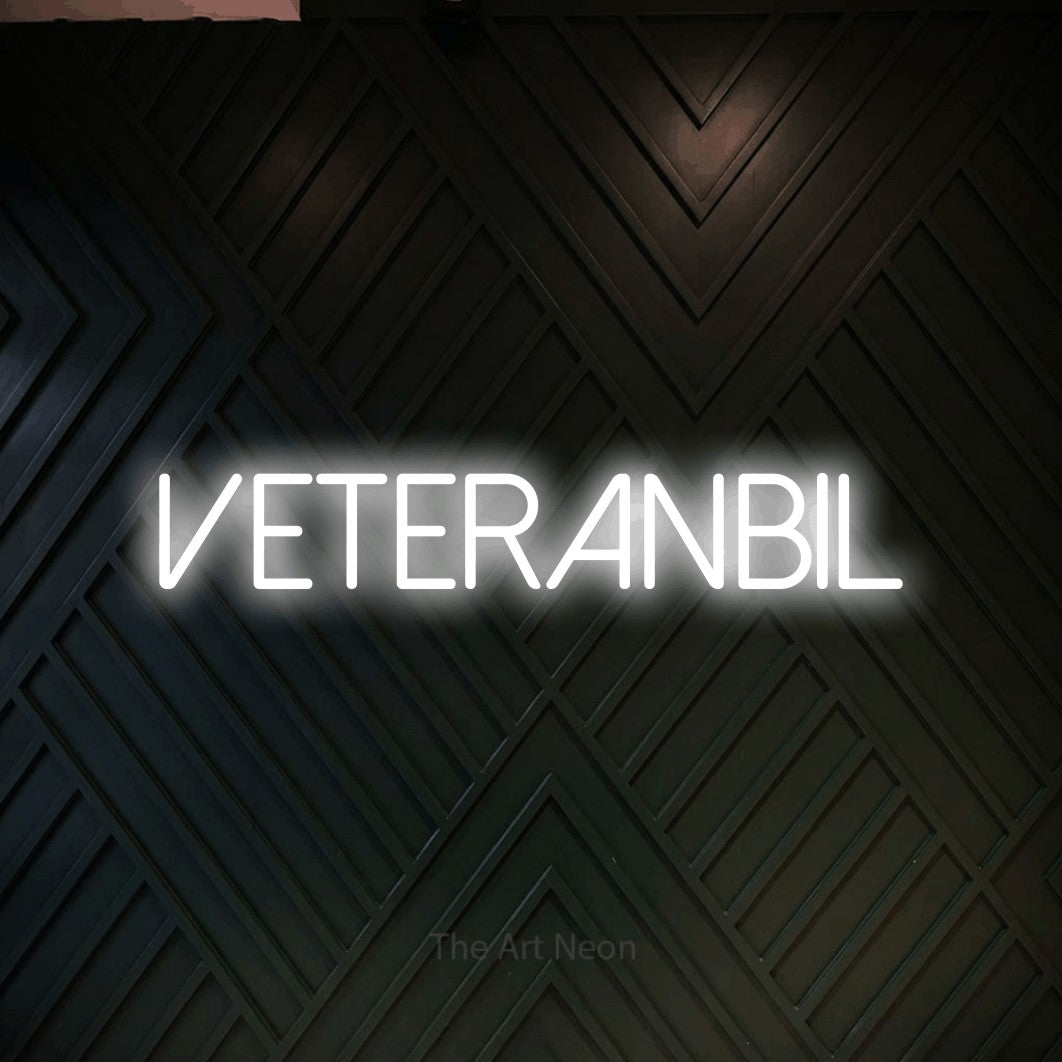 LED neon sign reading “VETERANBIL”, arranged in a single line.