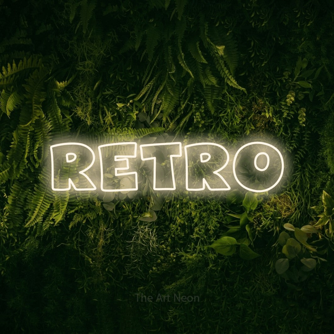 LED neon sign reading “retro”, arranged in a single line.