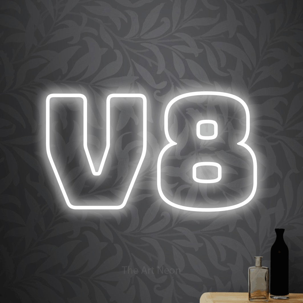 LED neon sign reading “V8”, arranged in a single line.
