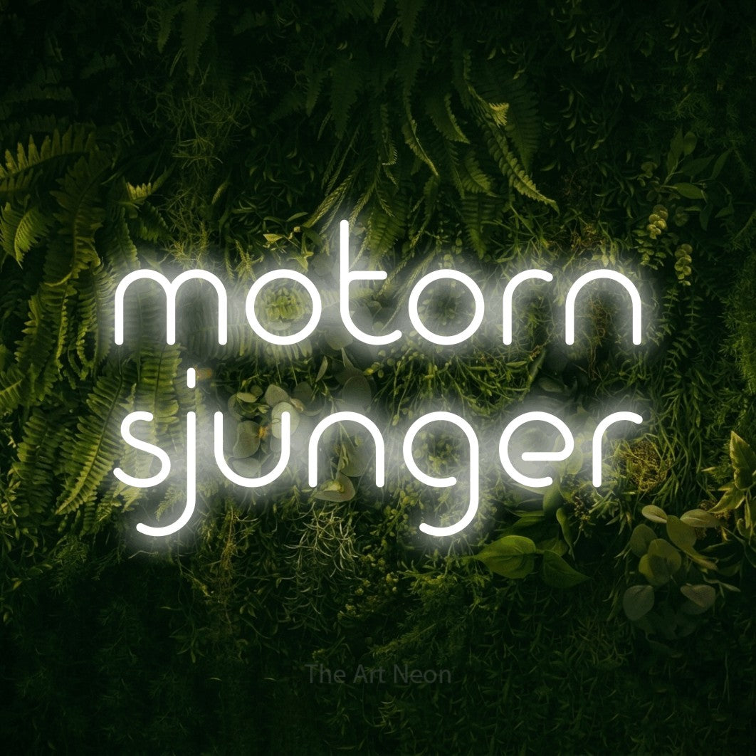 LED neon sign reading “motorn sjunger”, arranged in 2 lines.