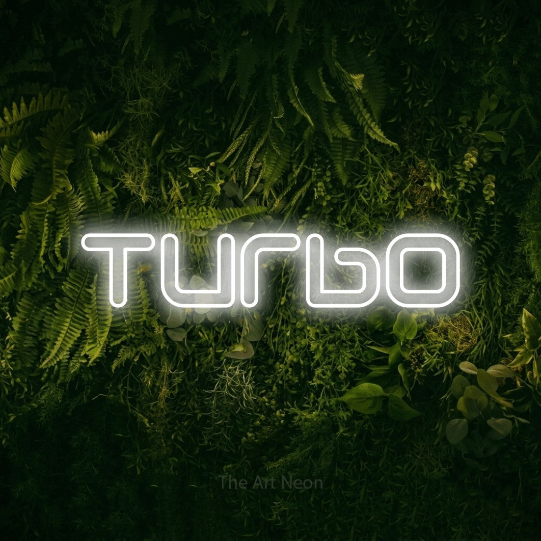 LED neon sign reading “Turbo”, arranged in a single line.