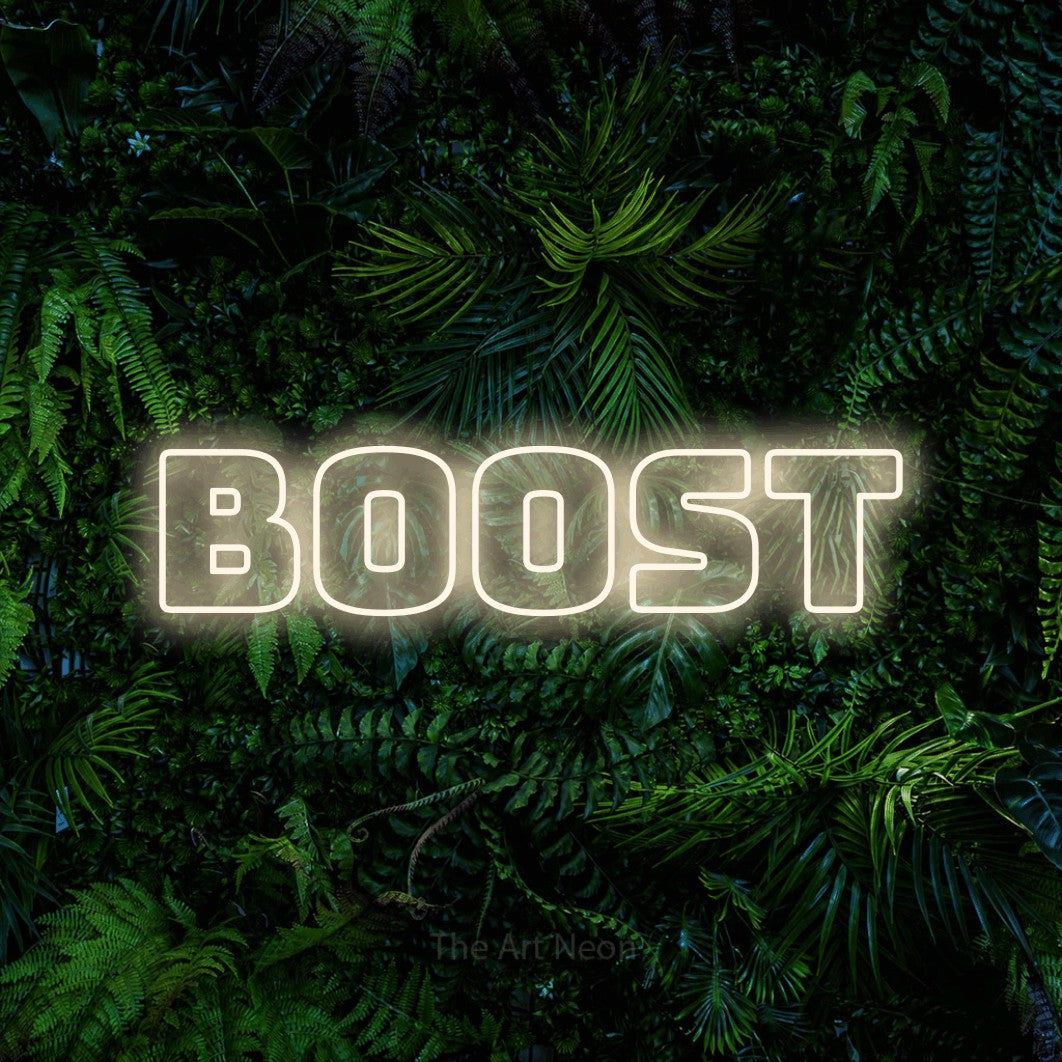 LED neon sign reading “BOOST”, arranged in a single line.