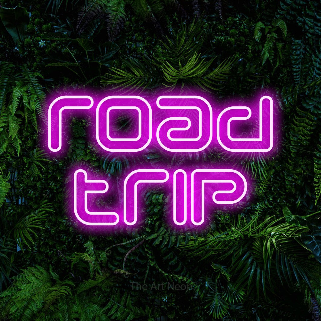 LED neon sign reading “road trip”, arranged in 2 lines.