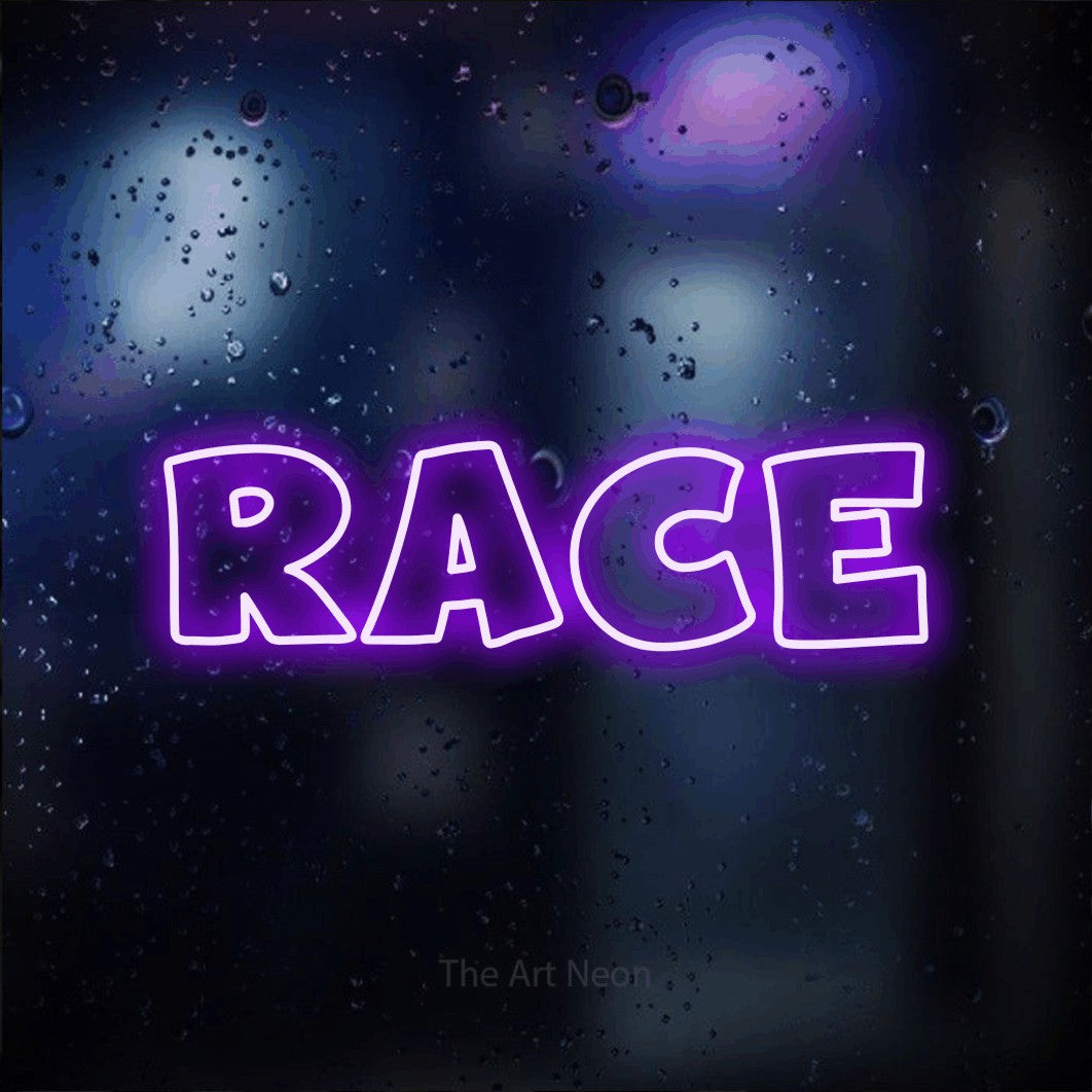 LED neon sign reading “Race”, arranged in a single line.