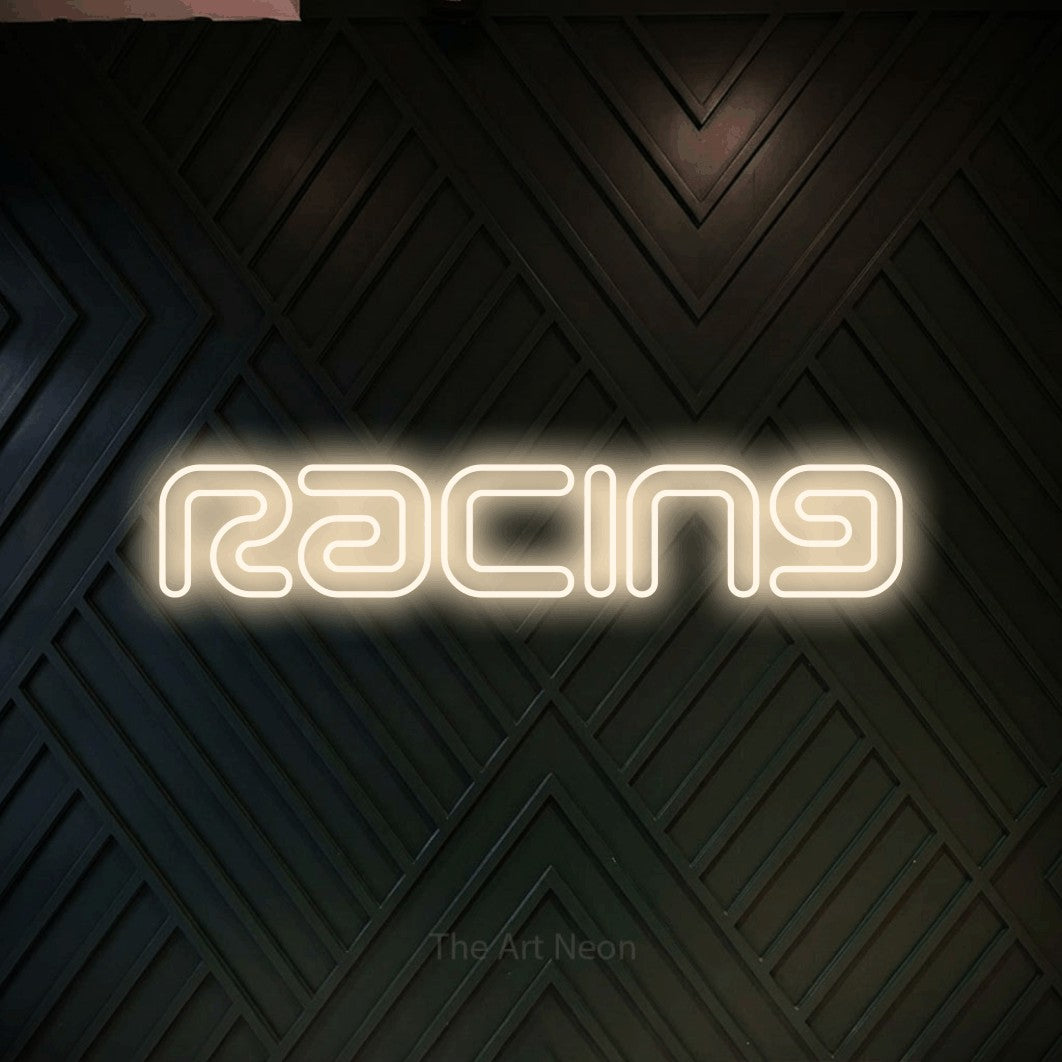 LED neon sign reading “Racing”, arranged in a single line.