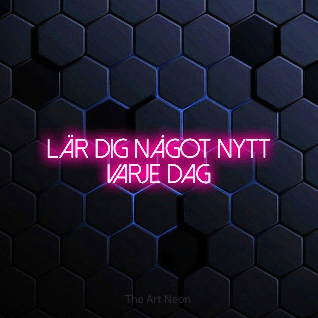 LED neon sign reading “Lär Dig Något Nytt Varje Dag”, arranged in 2 lines.