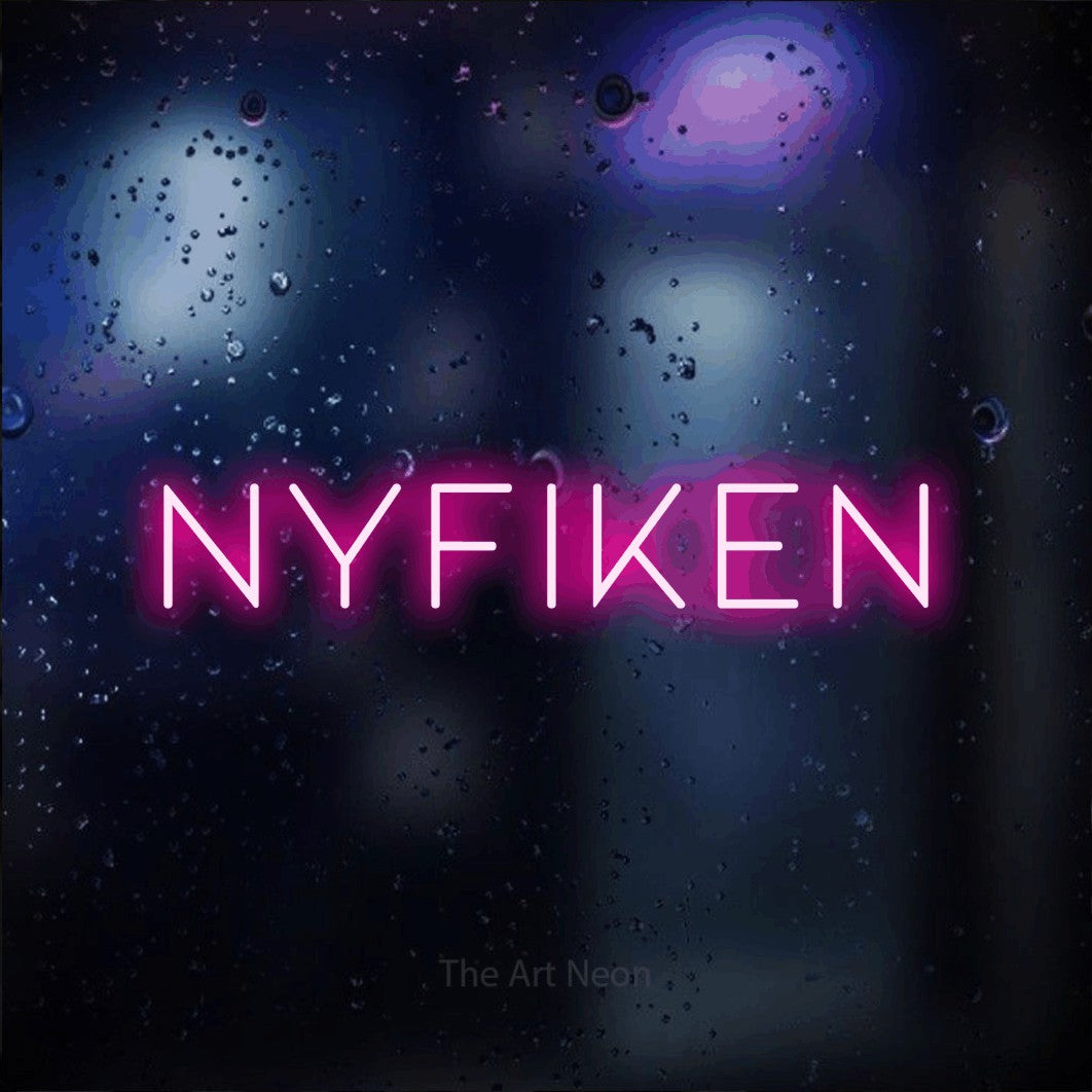 LED neon sign reading “nyfiken”, arranged in a single line.