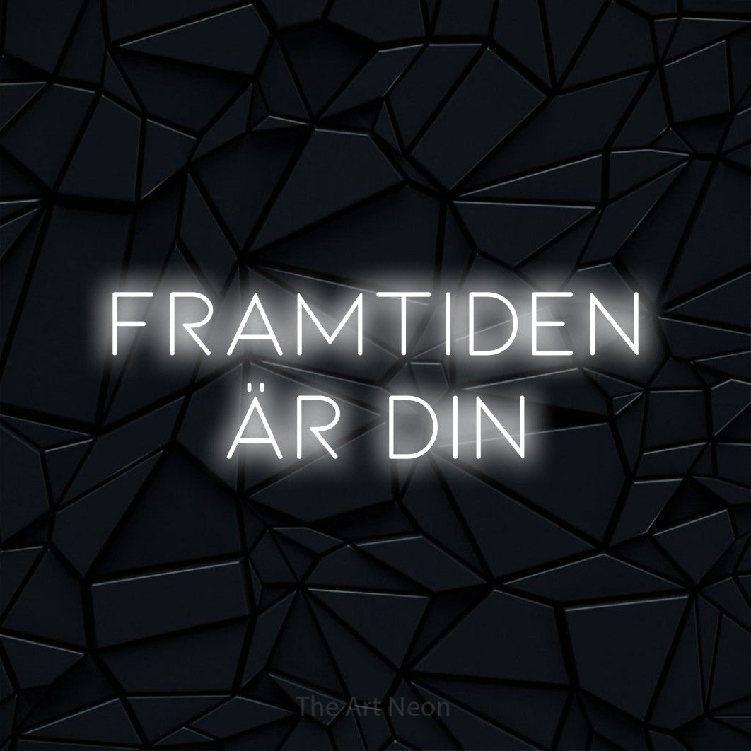 LED neon sign reading “FRAMTIDEN ÄR DIN”, arranged in 2 lines.