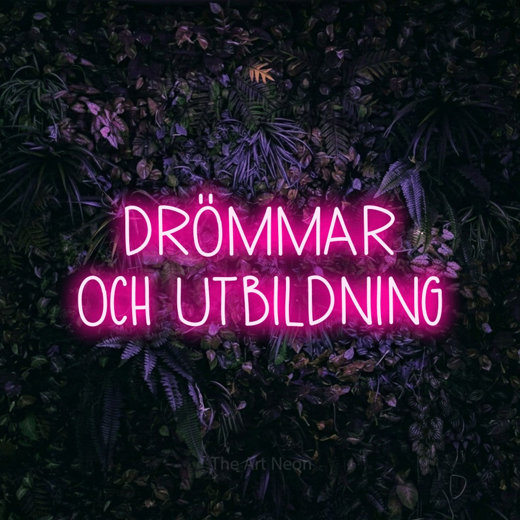 LED neon sign reading “DRÖMMAR OCH UTBILDNING”, arranged in 2 lines.