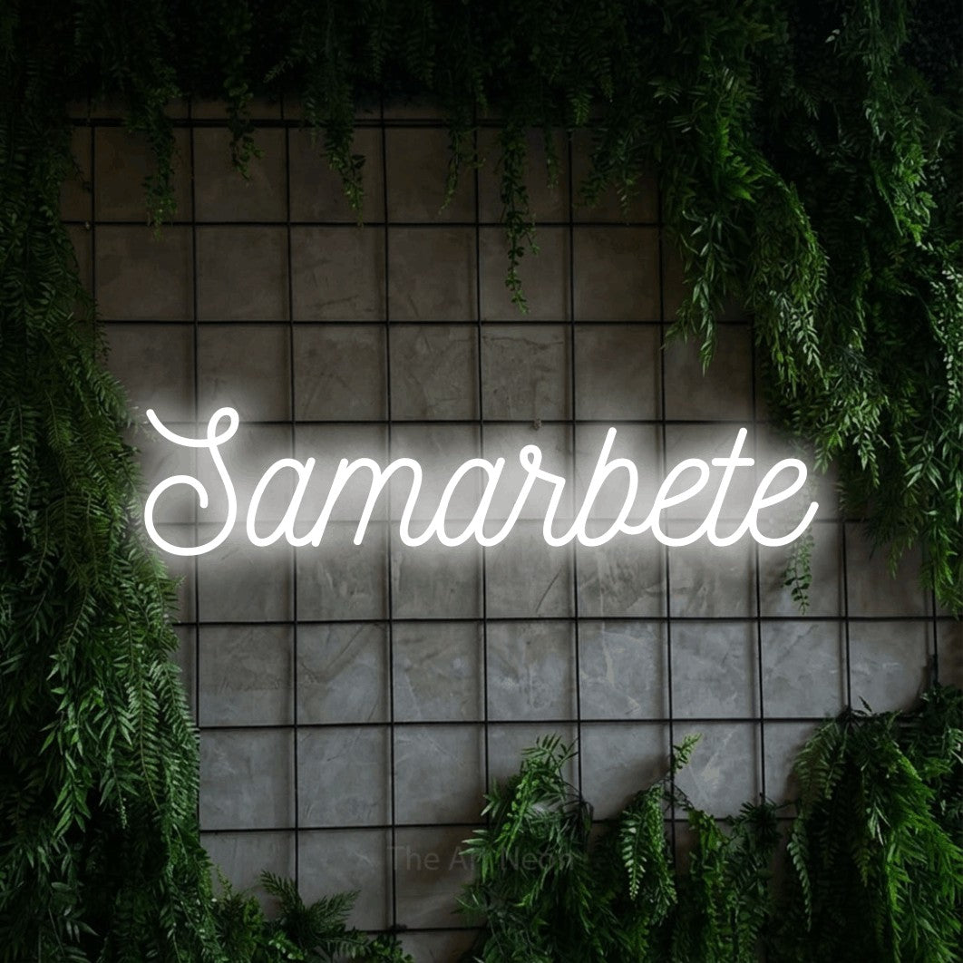 LED neon sign reading “Samarbete”, arranged in a single line.