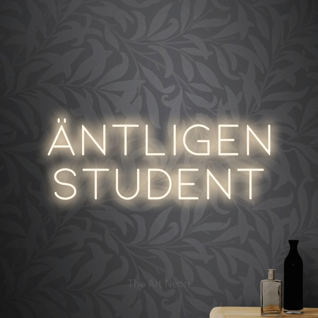 LED neon sign reading “Äntligen Student”, arranged in 2 lines.