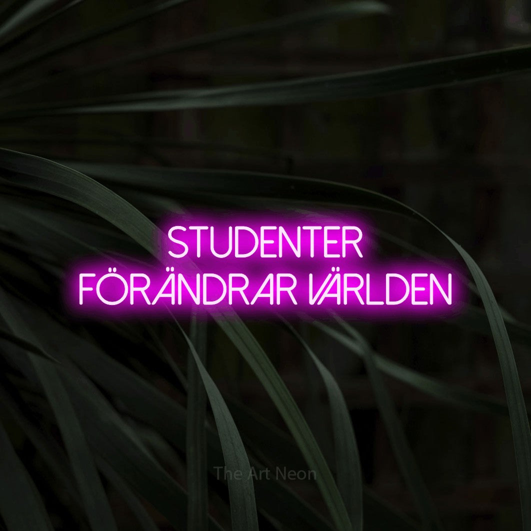 LED neon sign reading “studenter förändrar världen”, arranged in 2 lines.