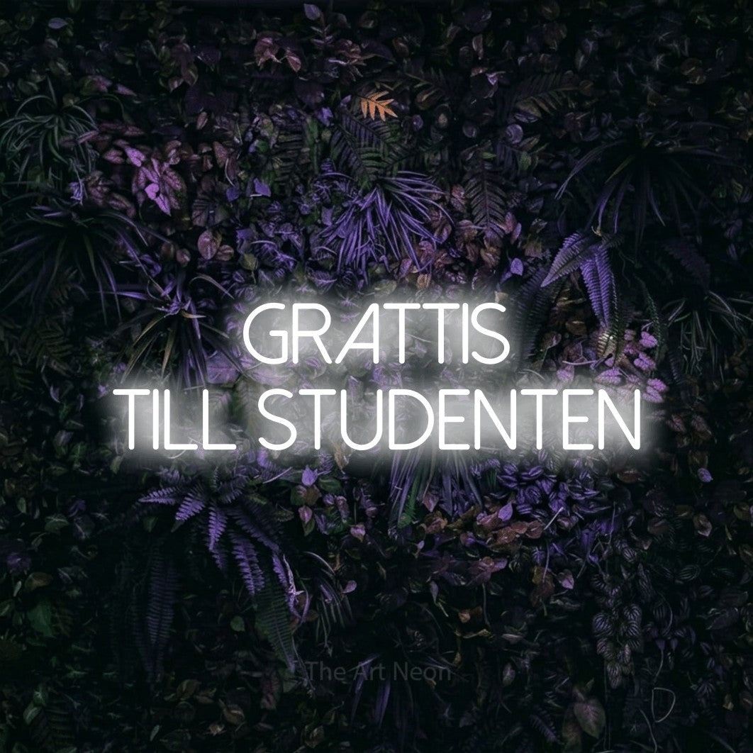 LED neon sign reading “grattis till studenten”, arranged in 2 lines.