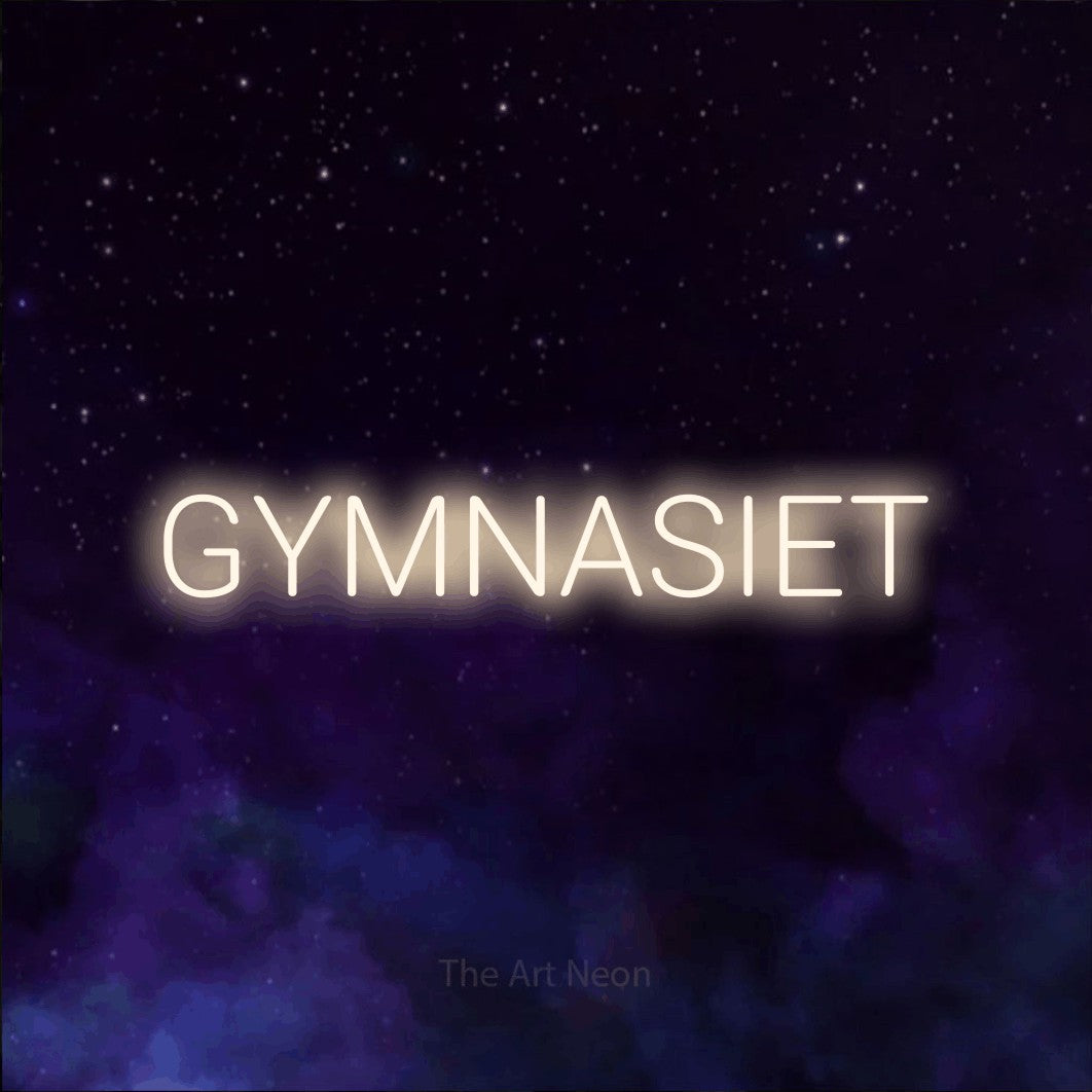 LED neon sign reading “GYMNASIET”, arranged in a single line.