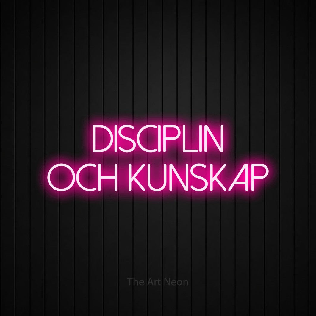 LED neon sign reading “DISCIPLIN och kunskap”, arranged in 2 lines.